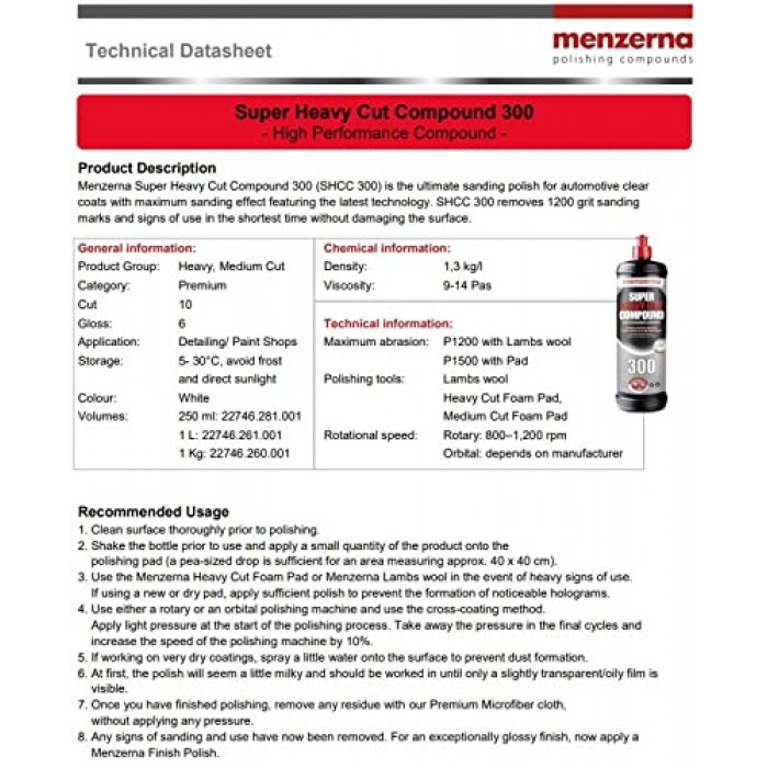 Menzerna Super Heavy Cut Compound SHC 300 - 250ML Menzerna, Compounds / Cutting Chem image
